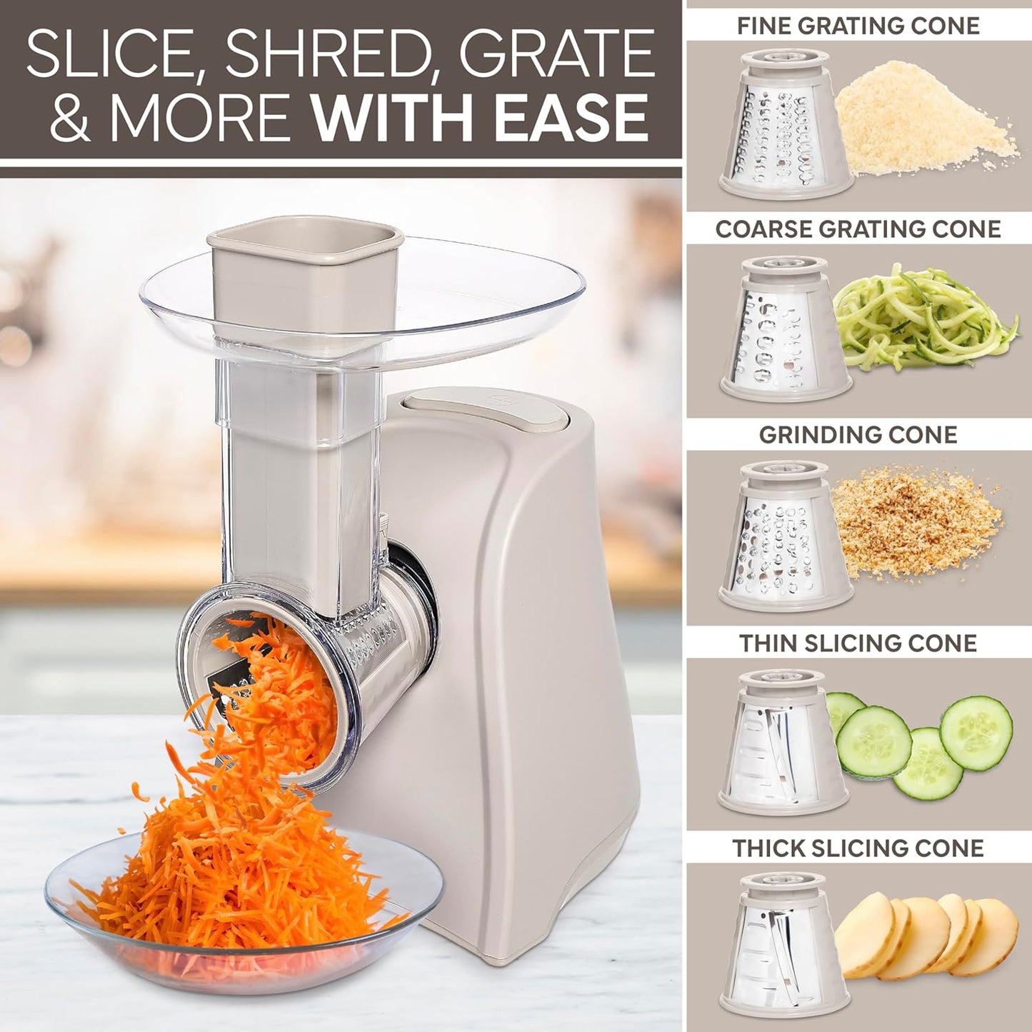 COOK WITH COLOR 5-in-1 Electric Slicer, 150W Food Prep Machine – Cheese Shredder, Fine & Coarse Graters, Potato Grater, Vegetable Slicer, Fruit, Salad Shooter, Compact Design for Bowl Prep, Sand