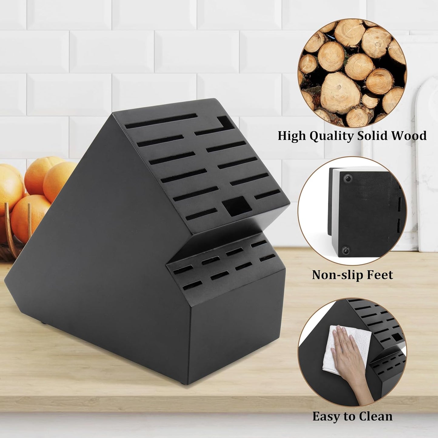 20 Slot Knife Block Storage without Knives,Acacia Wood Universal Knife Holder for Kitchen Countertop,Large Butcher Block Organizer,Easy Kitchen Knife Storage (Black)