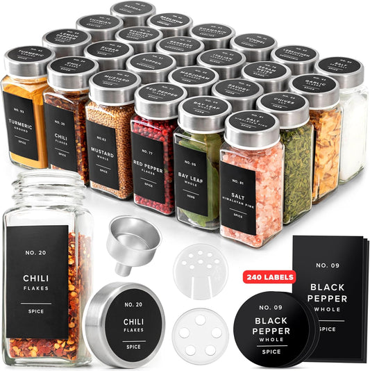 Glass Spice Jars with Labels and Steel Lids (24 x 4oz) Spice Containers with 240 Label, Steel Funnel, Shaker Inserts, Empty Square Seasoning Organizer for Spice Rack, Cabinet, Drawer
