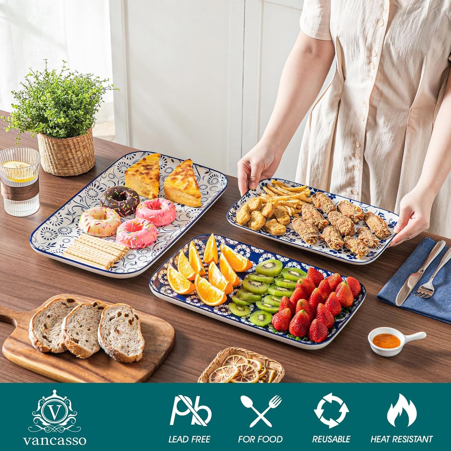 vancasso Serving Platters Set of 3, 16"/14"/12" Inch Rectangular Trays - Serving Platter Extra Large, Ceramic Serving Dish Microwave & Dishwasher Safe (Vintage Blue B)