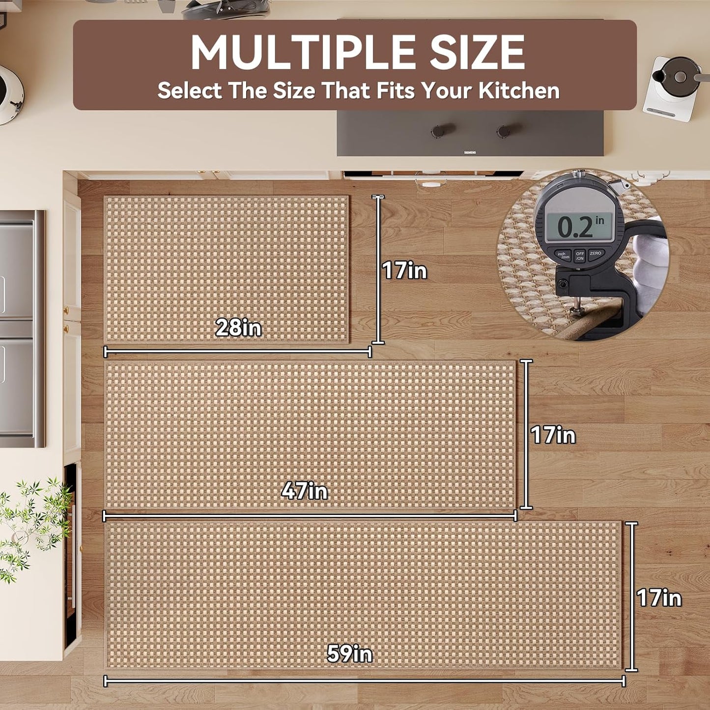 Kitchen Mat Kitchen Rugs Sets of 2 PCS Non Slip Washable, Super Absorbent Soft Braided Kitchen Mats for Floor, Rubber Backing Comfort Standing Kitchen Sink Mat Runner Rug, Brown 17"x28"+17"x59"