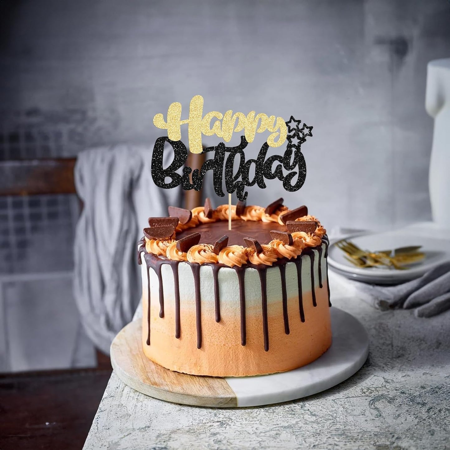Ephlyn 1Pcs Happy Birthday Cake Topper Glitter Cake Pick for Celebrating Anniversary Theme Party Cake Decorations Supplies Black Gold
