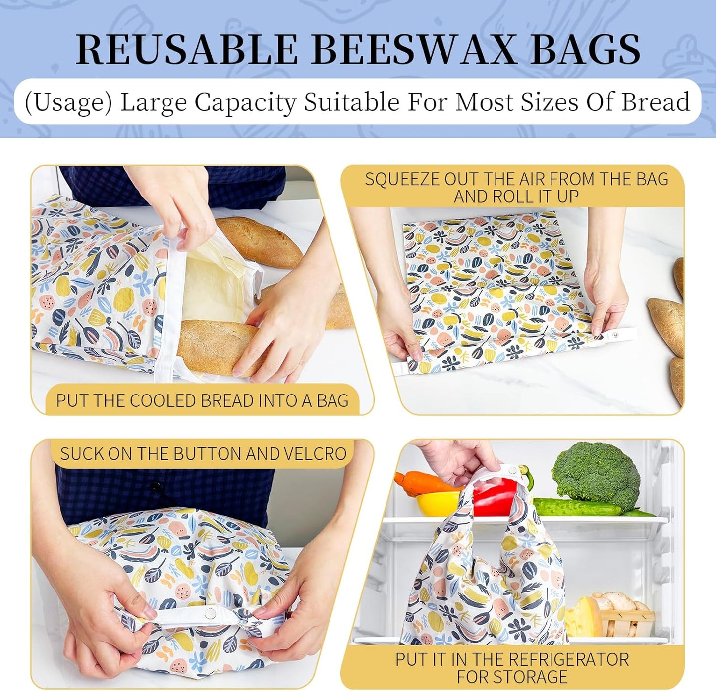 2 Pack Reusable Beeswax Bread Bags for Sourdough & Homemade Bread，bees wax bread bags for homemade bread sourdough ，Cotton Reusable Beeswax Bread Storage Bag, Keep Fresh and Portable