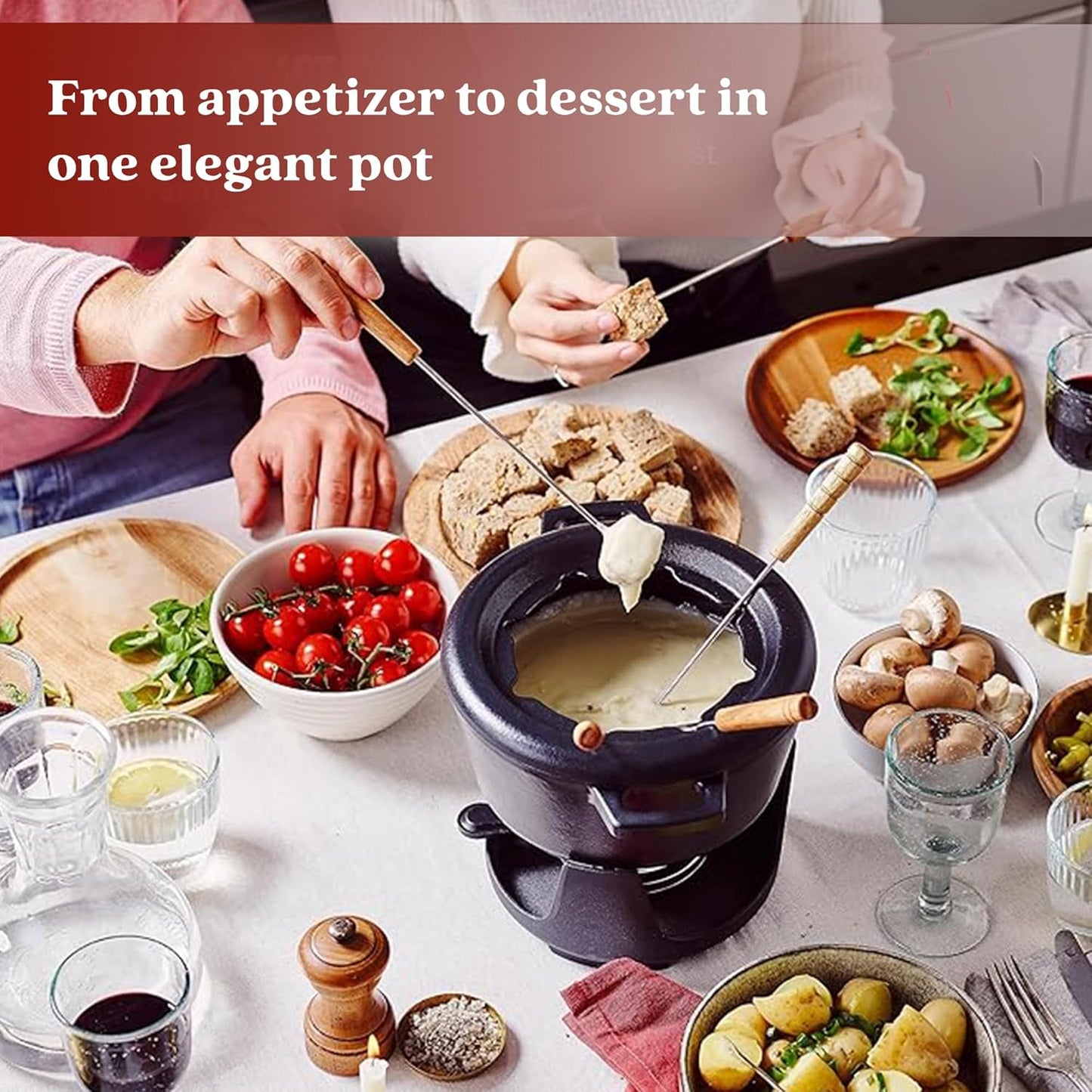 Alva Nori Cast Iron 2-Qt Fondue Pot Set – Made With No PTFE/PFOA/PFAS, Oven Safe – Works on Induction – 3-Layer Enamel, Easy to Clean, No Seasoning Needed – Includes 8 Forks, Burner & Stand