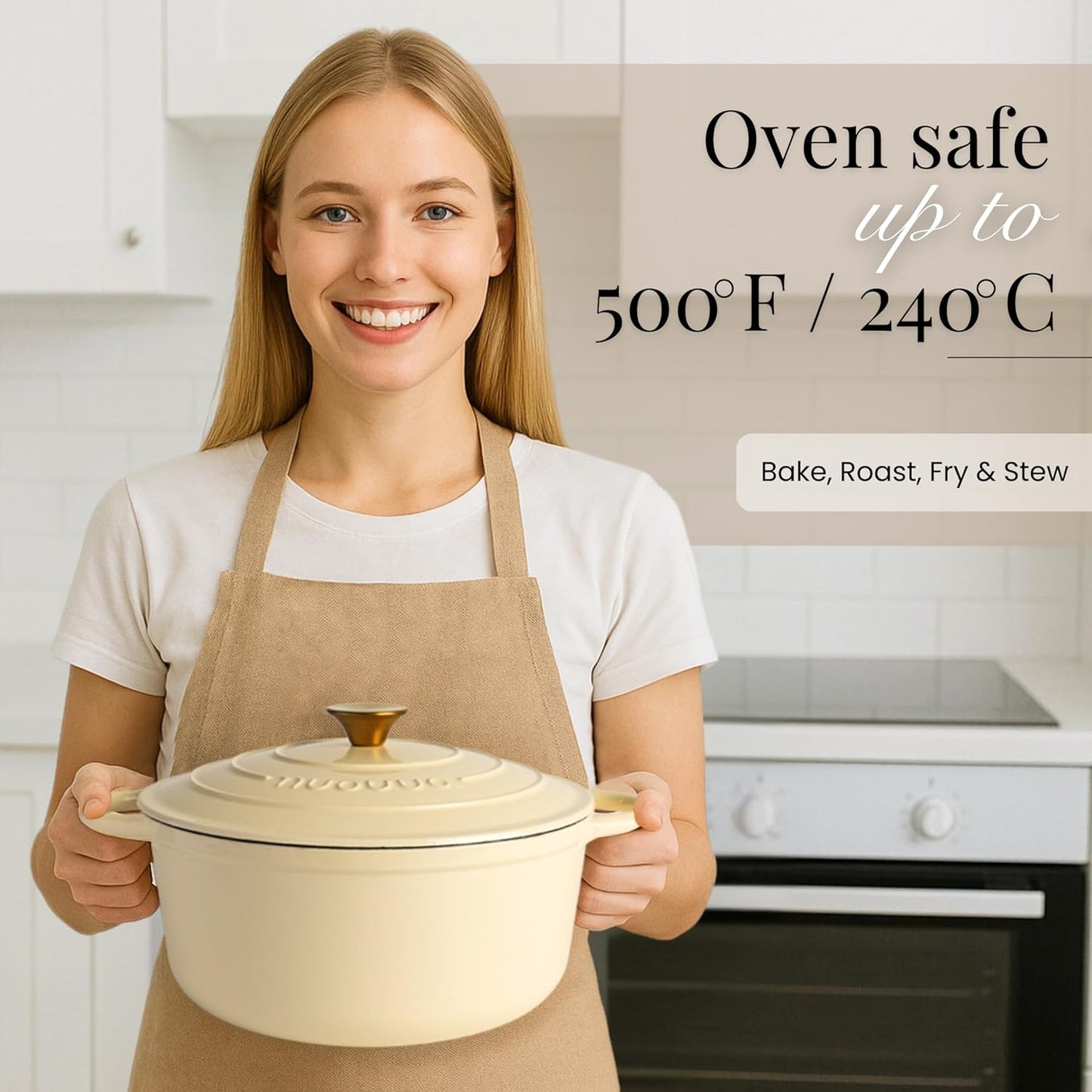 Nuovva Enamelled Cast Iron Dutch Oven Pot with Lid – 6.4 Quart Non Stick Casserole Pot – Heavy Duty & Oven Safe up to 500° F for Bread Baking, Braising, Stews, Roasting – 28cm Cream