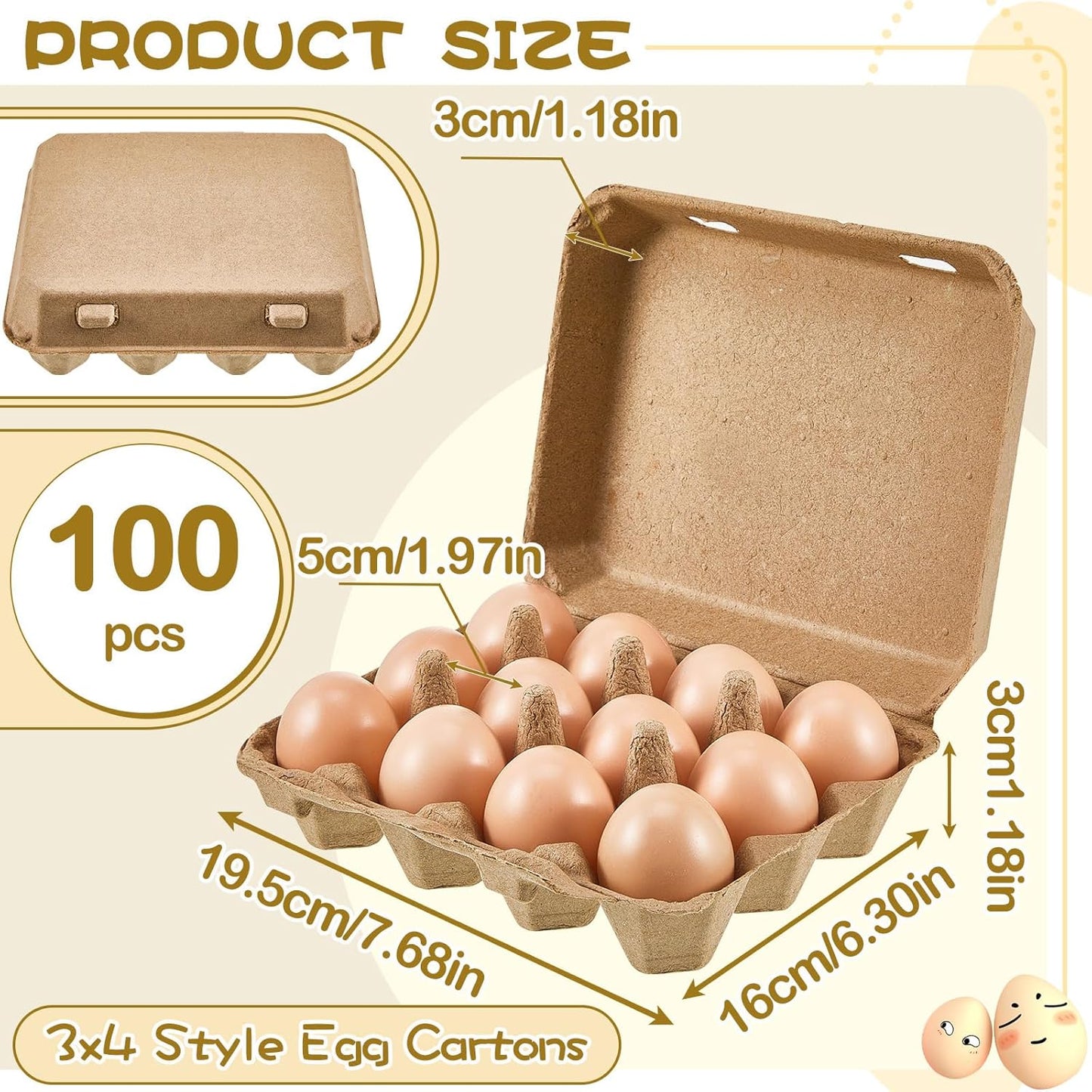 Rtteri 100 Pieces Paper Pulp Egg Cartons 3x4 Style Vintage Blank Egg Cartons for Fresh Duck Quail Storage Kitchen Family Farmhouse
