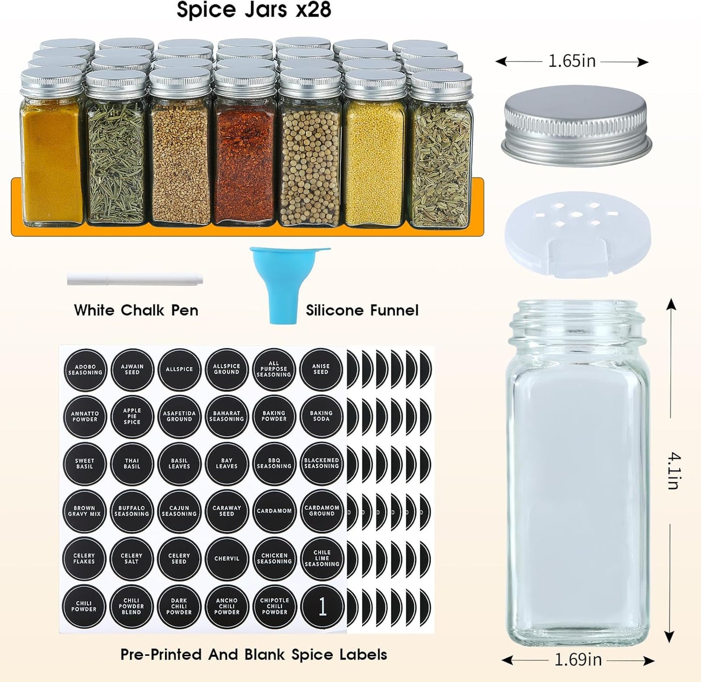 Spice Rack Organizer with 28 Empty Spice Jars,Spice Labels,Chalk pen and Funnel Complete Set,Space-Saving for Countertop, Cabinet or Wall Mount