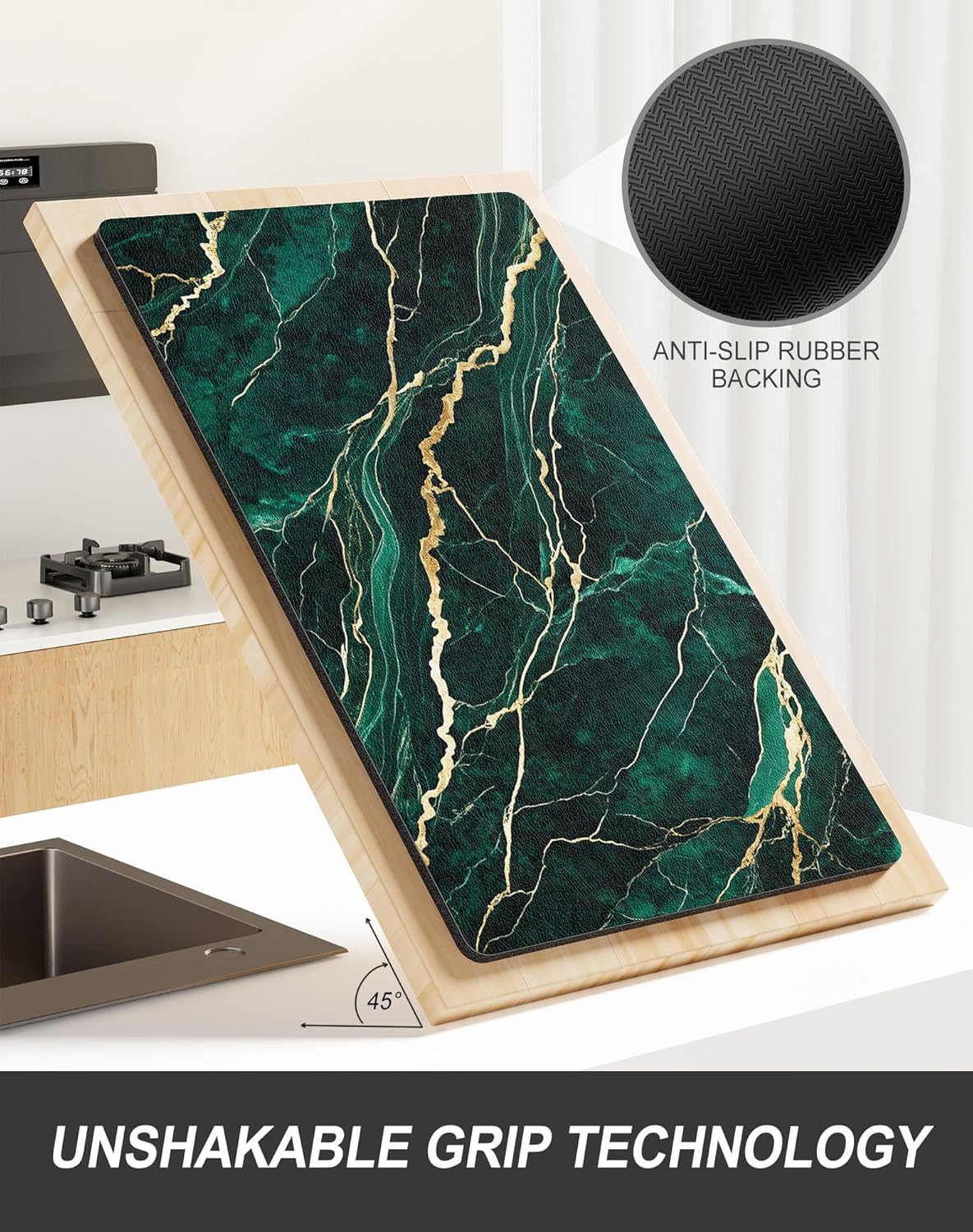 Rnivvi Dish Drying Mat for Kitchen Counter, XL 15 x 24" Cute Marble Absorbent Draining Pad, Non-Slip Heat Resistant Coffee Bar Mats for Coffee Machine Station Accessories, Green Gold Dish Rack Pad