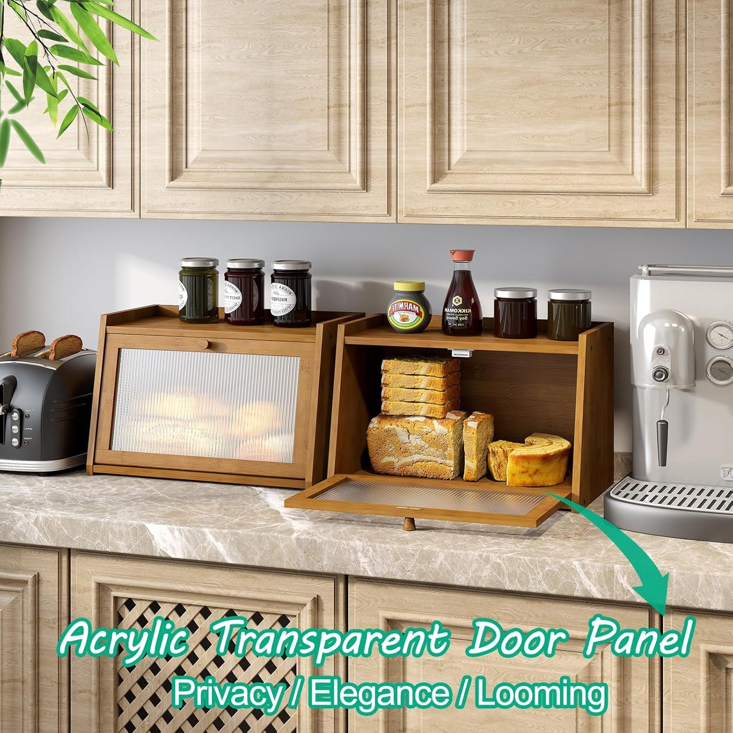 Bread Box for Kitchen Counter, Large Bamboo Bread Storage Container with Wavy Arcylic Door, Bamboo Wooden Farmhouse Bread Box for Your House (Brown, Medium)