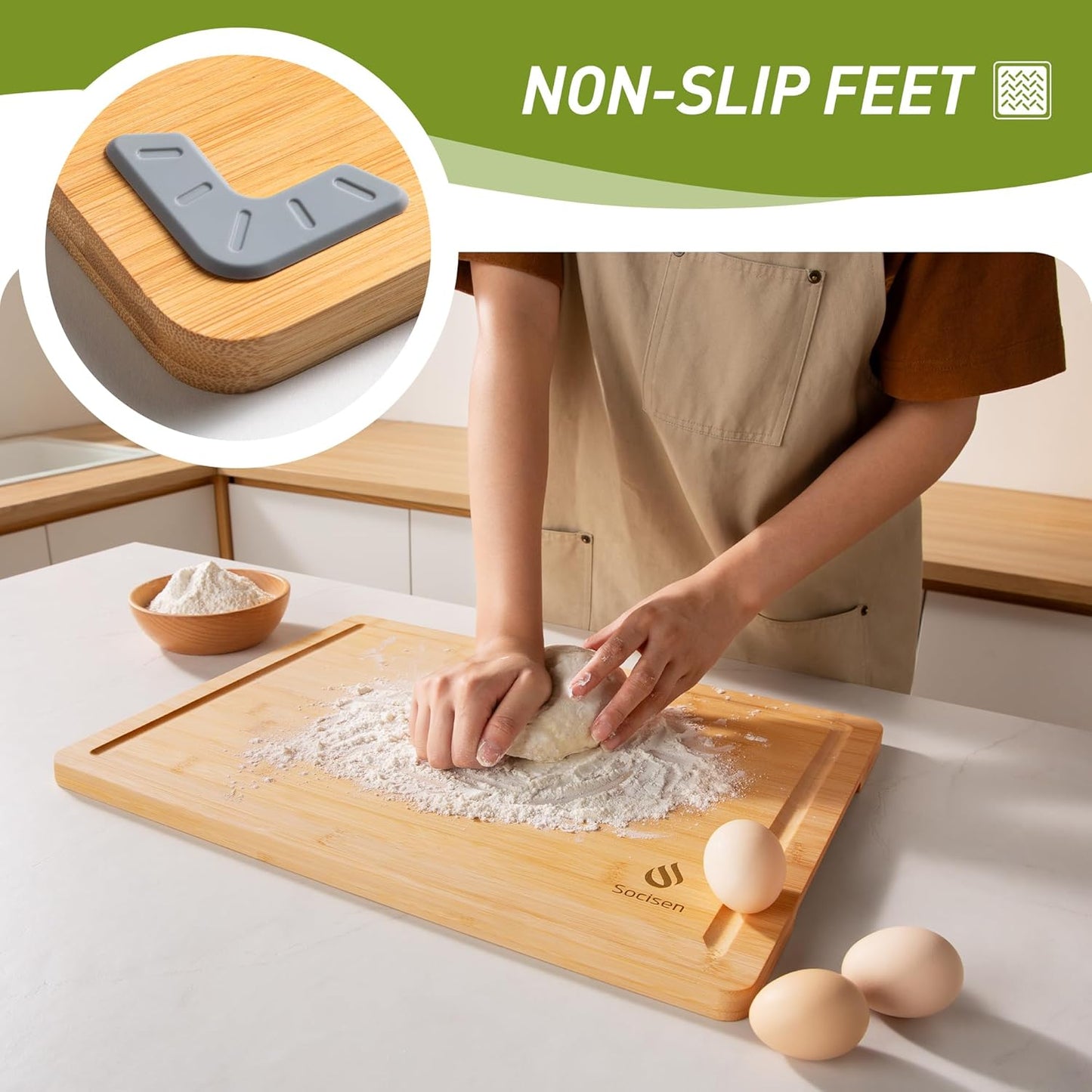 Extra Large Charcuterie Bamboo Board Non Slip Feet Over Sink Wooden Cutting Chopping Board Butcher Block Nice Solid Thick Juice Groove Big Xl XXl xlarge Hardwood Kitchen Counter Organic Meat BBQ Kit