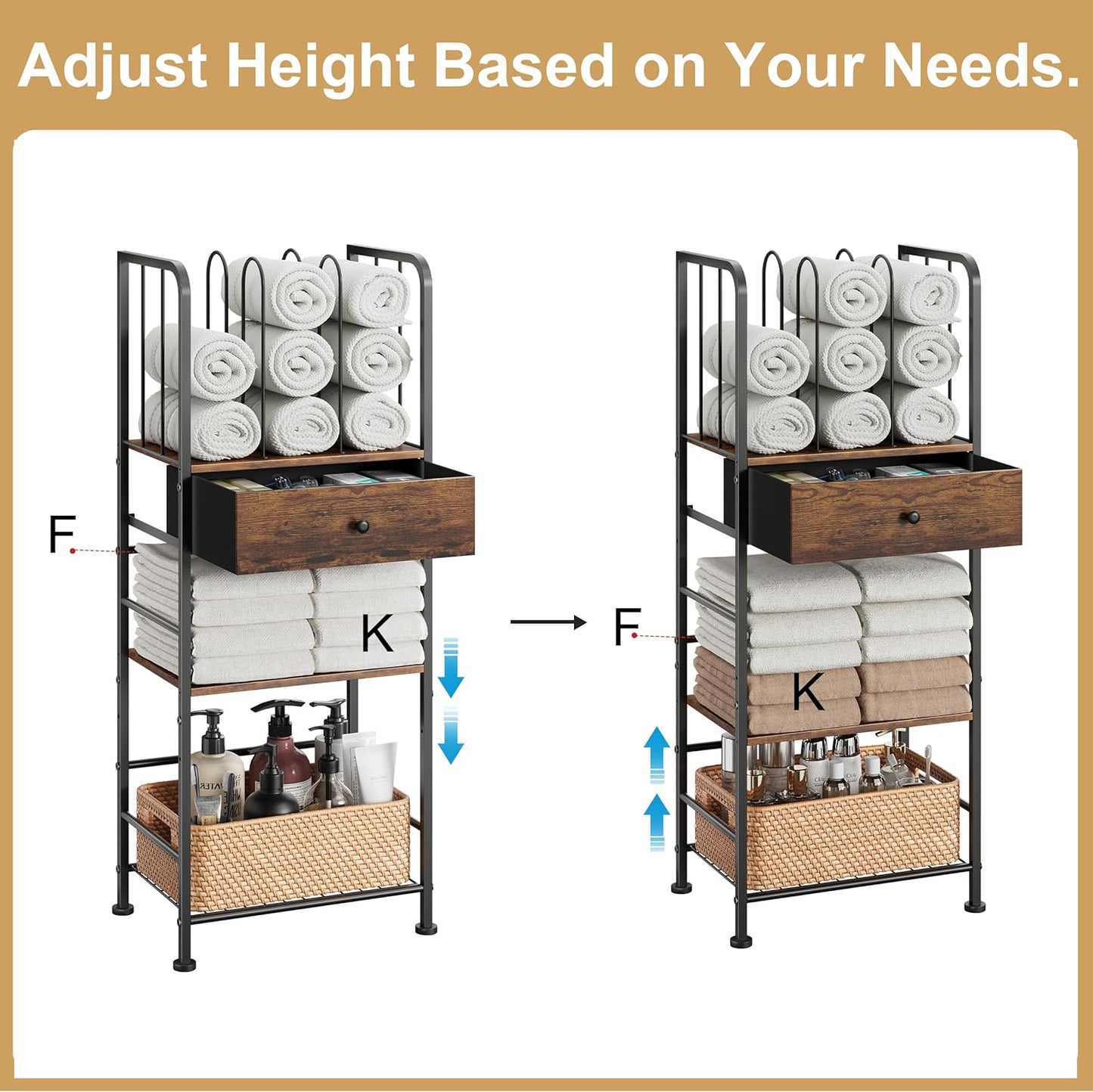 Towel Rack Free Standing 3-Tier with Drawer and M-Shaped Detachable Dividers,Towel Holder with Adjustable Shelf, Towel Organizer Space Saving for Bathroom and Poolside Patent Pending