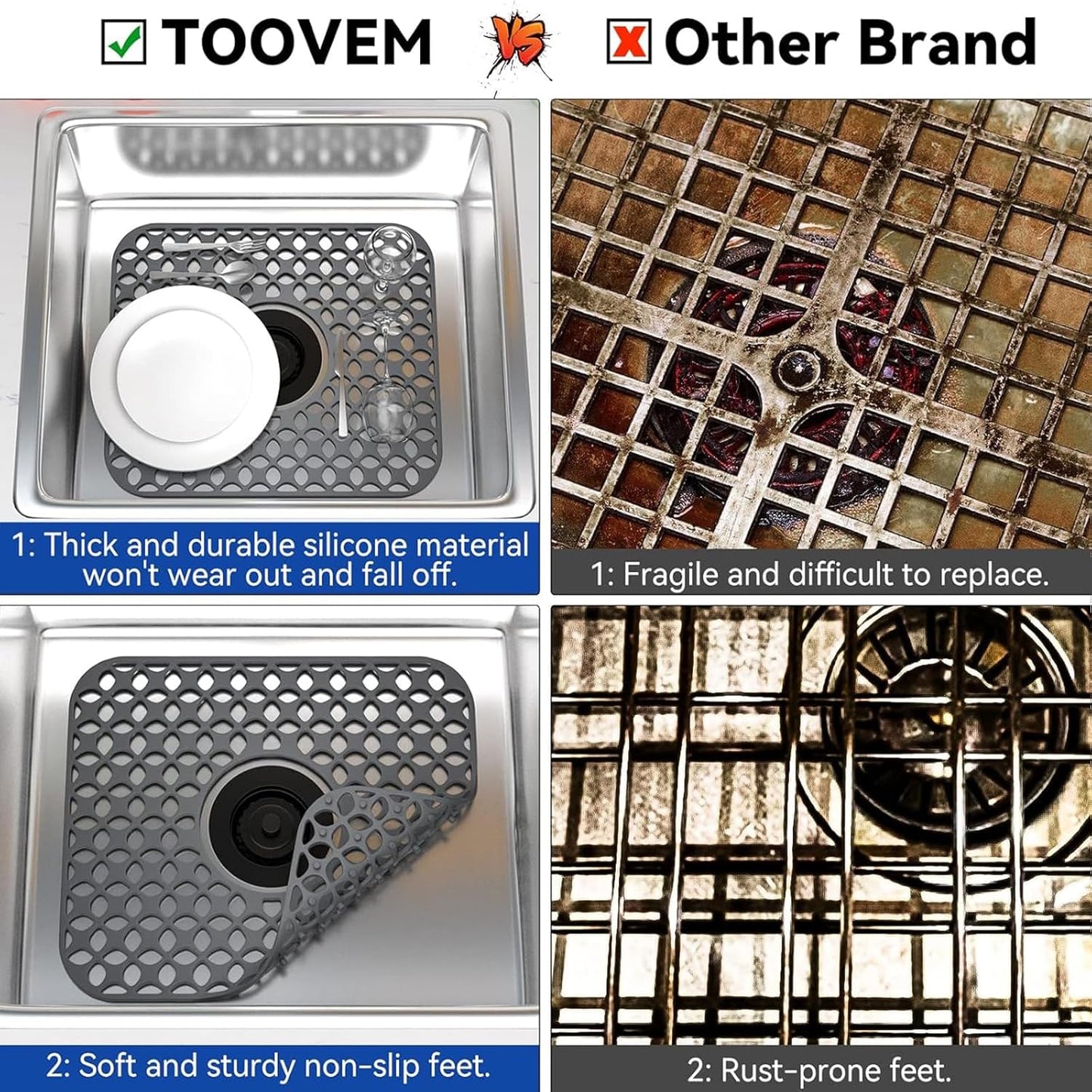 TOOVEM Sink Protectors for Kitchen Sink, Folding Non-slip Kitchen Mat, Heat Resistant Silicone Mat 1 Pcs, Grey, 13.58 ''x 11.6 ''