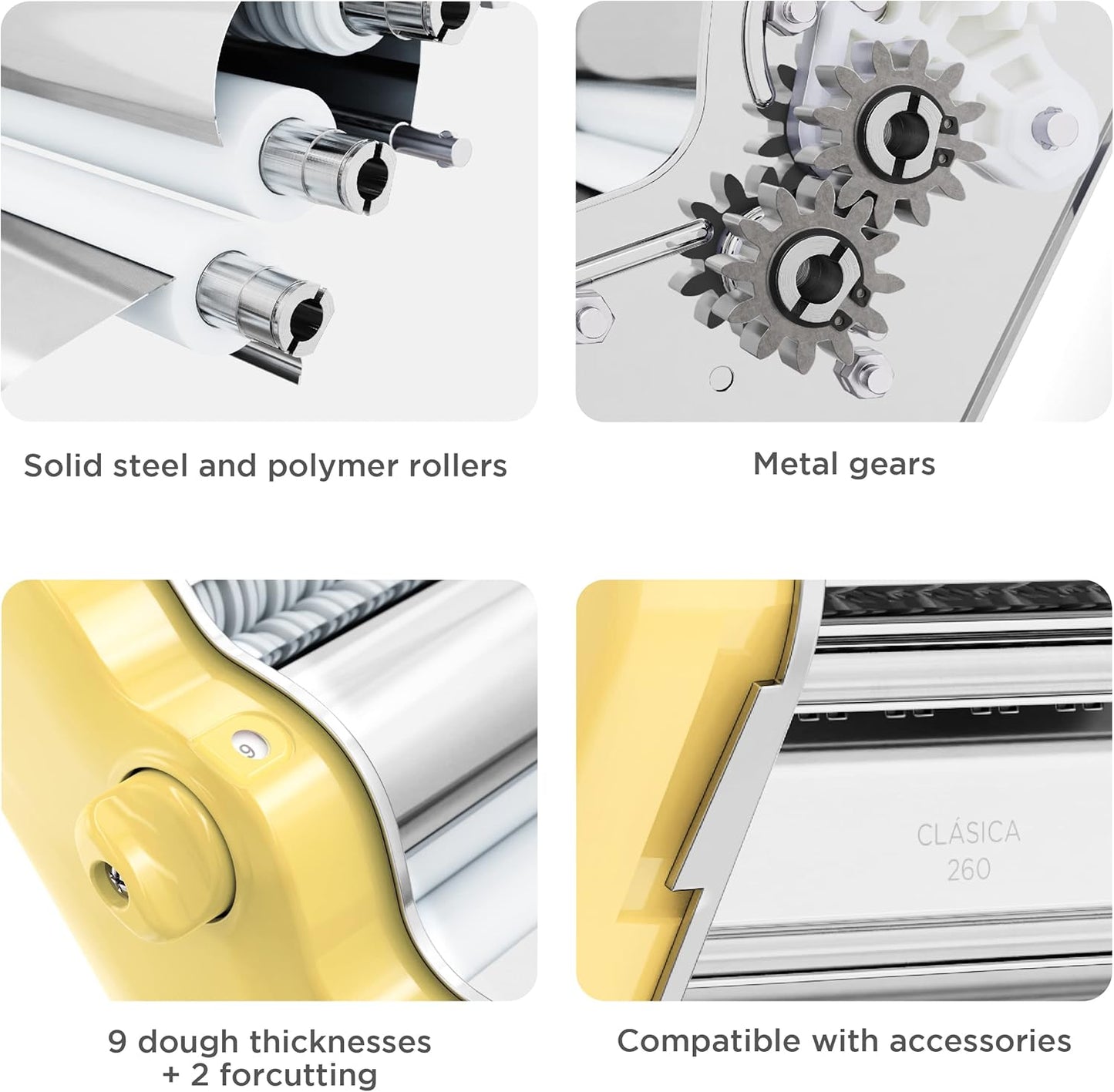 PASTALINDA Classic 260 Pasta Maker Machine, 26 cm Wide Rollers, 9 Thickness Positions, 2 Cutting Positions, Stainless Steel. Includes Reinforced Hand Crank And Two Clamps (Yellow)