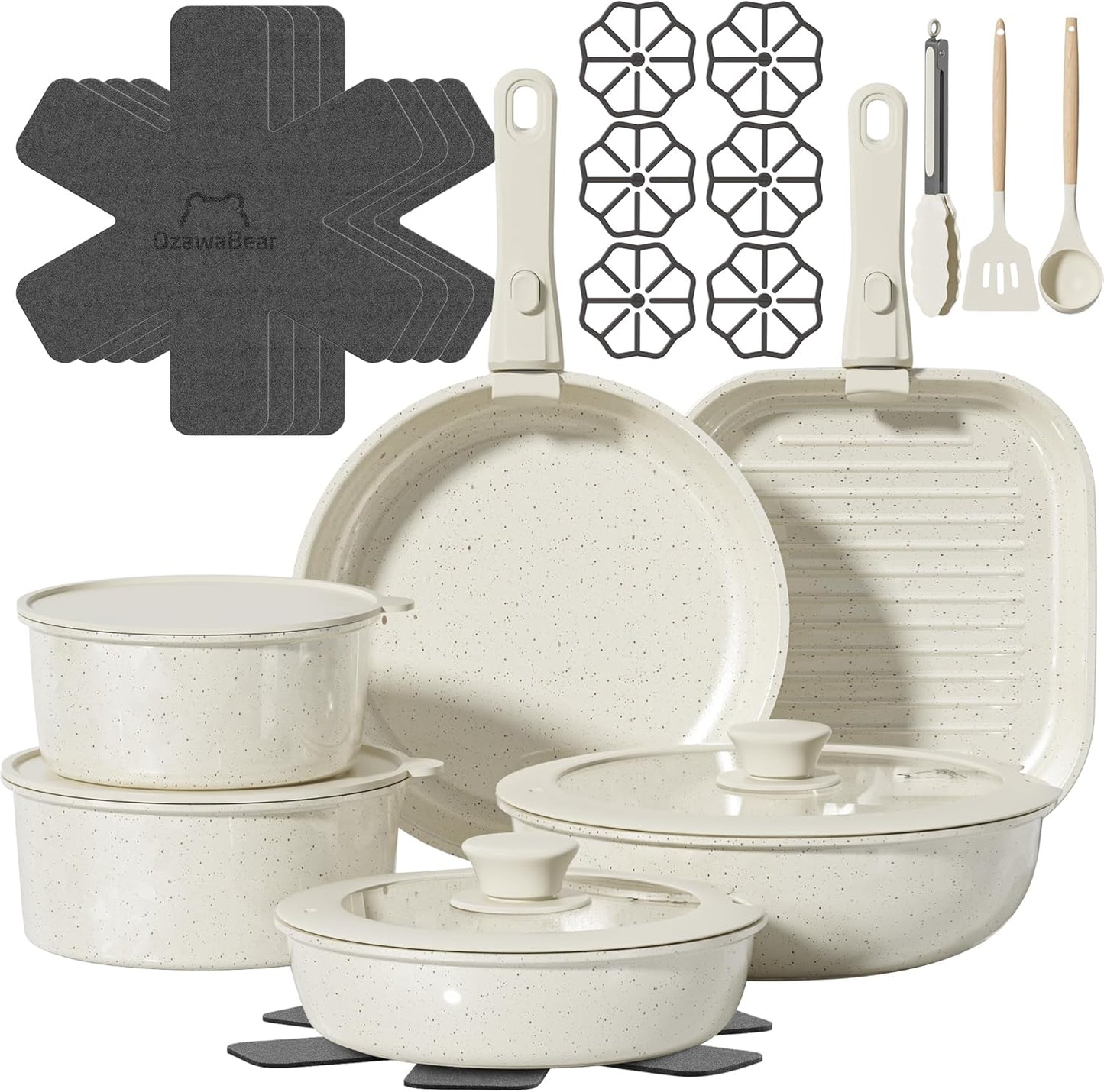 26 Pcs Pots and Pans Set Non Stick, Ceramic Cookware Set Non Toxic with Detachable Handles, Healthy Induction Cookware Dishwasher Oven Safe RV Kitchen Set, PFAS PFOA & PTFE Free, Cream White