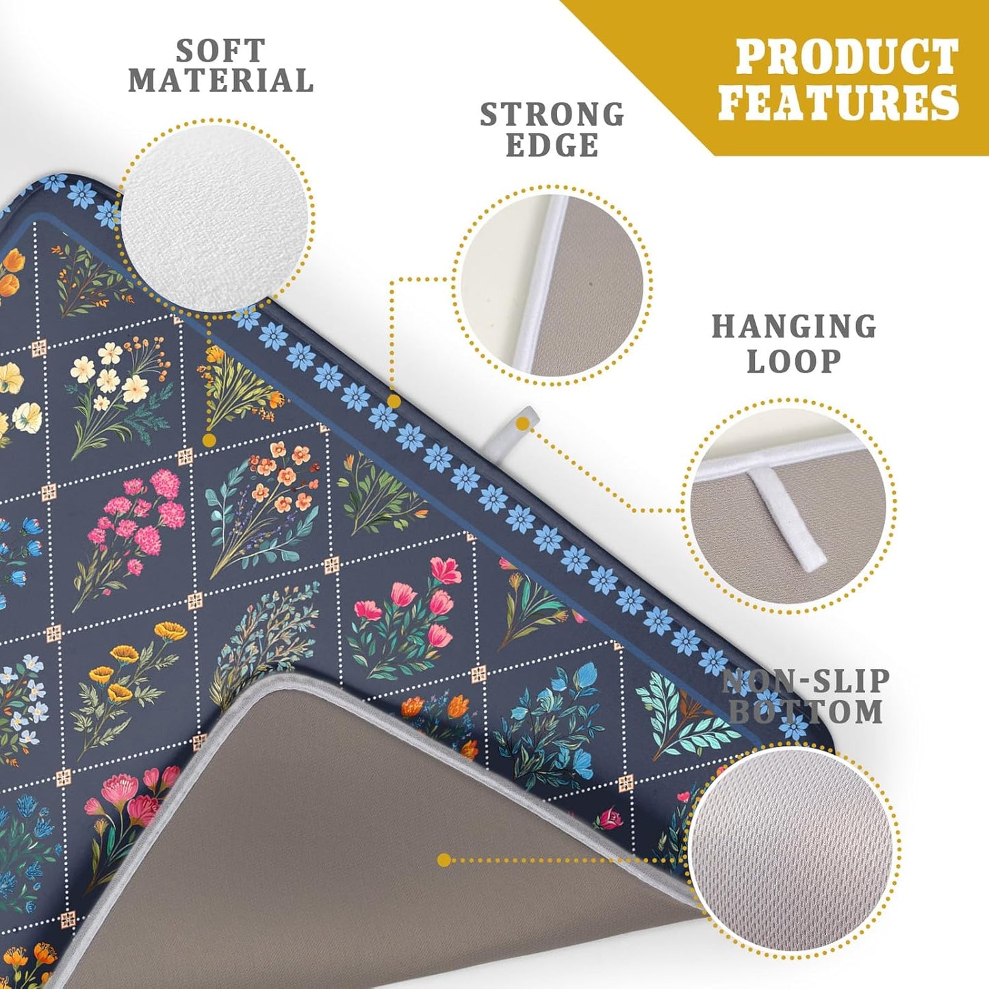 Lapis Blue Dish Drying Mat for Kitchen Counter Flowers Microfiber Absorbent Dish Draining Reusable Washable Large