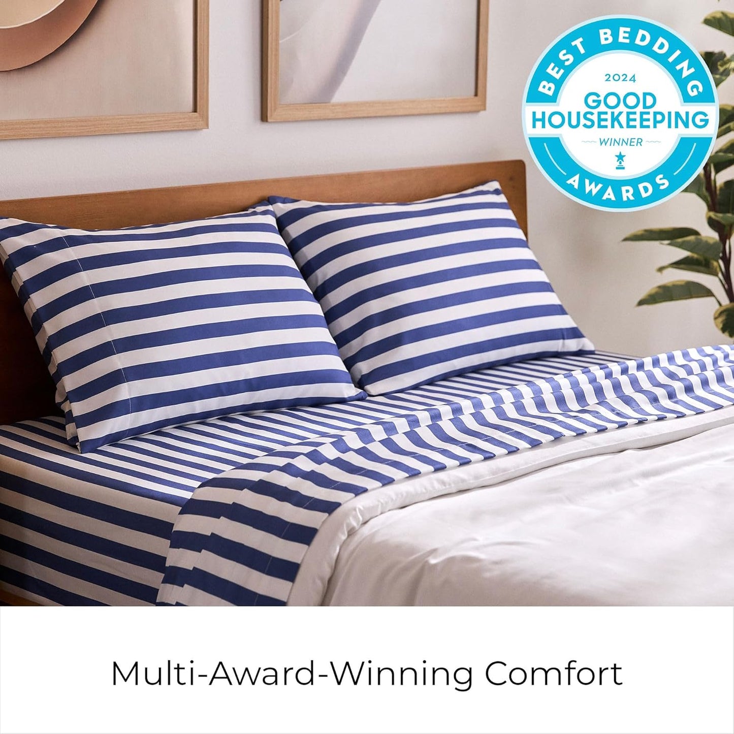 Mellanni Full Sheets Set - 4 PC Iconic Collection Bedding - Hotel Luxury, Extra Soft, Cooling Bed Sheets - Wrinkle, Fade, Stain Resistant (Full, Oxford Stripe Blue Nova)