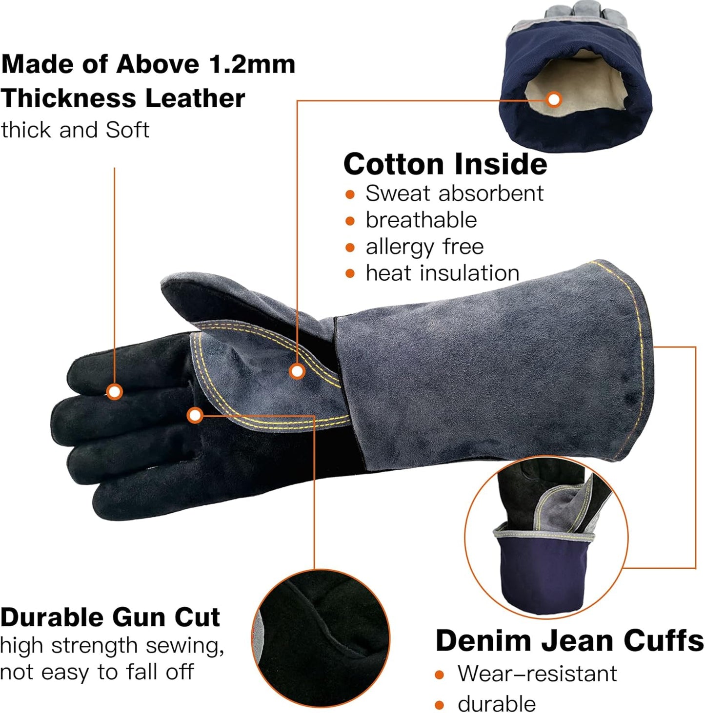 16 Inches,932℉,Leather Welding Gloves, Heat/Fire Resistant,Large Mitts for BBQ,Oven,Grill,Fireplace,Tig,Mig,Forge,Baking,Furnace,Stove,Pot Holder,Animal Handling Glove.L Black-gray