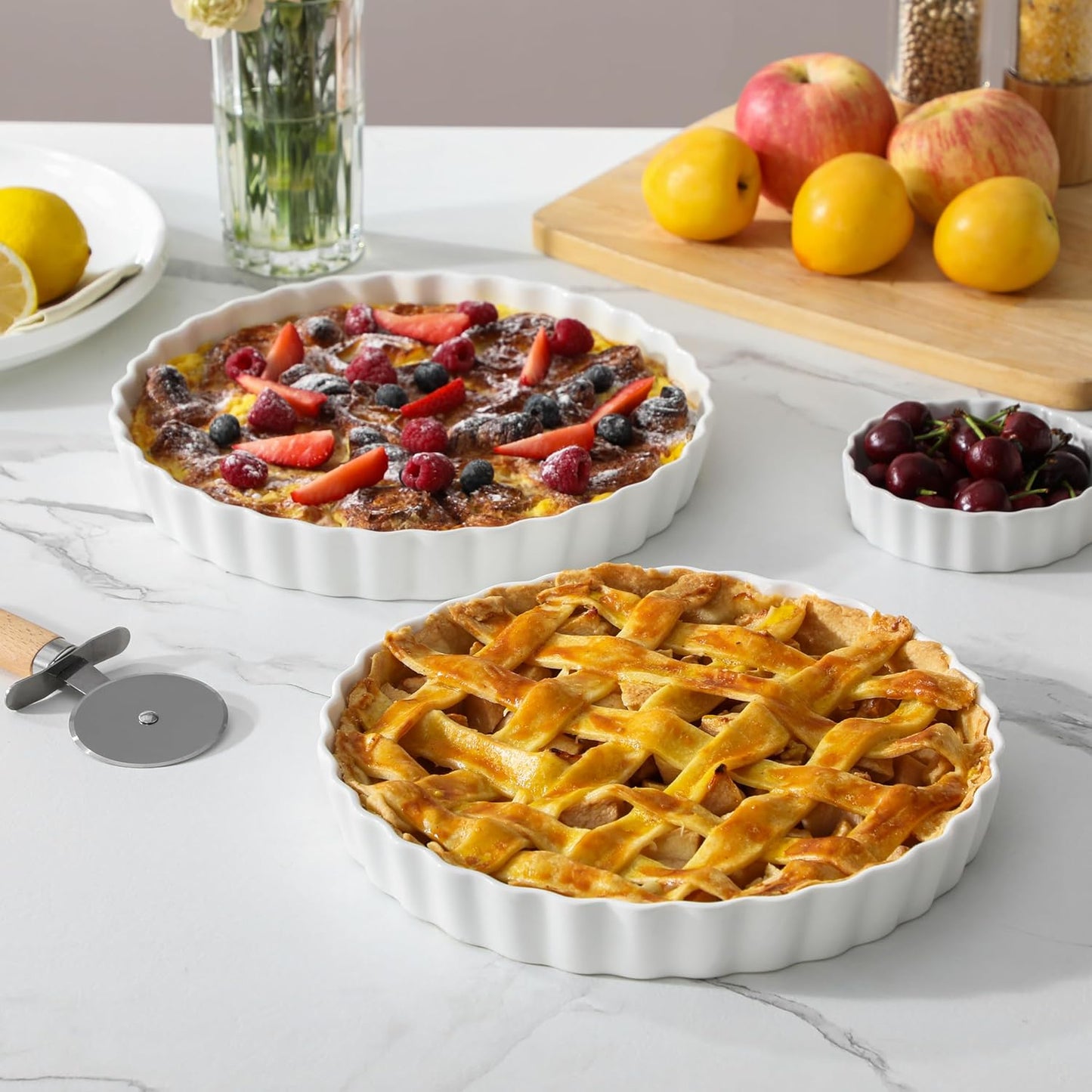 LOVECASA Porcelain Pie Pan Quiche Baking Dish,10 Inch Non-Stick Round Pie Dish Quiche Pan,Tart Pan with Ruffled Edge,Pie Plate for Apple, Quiche, Pot Pies, Tart,Set of 2, White