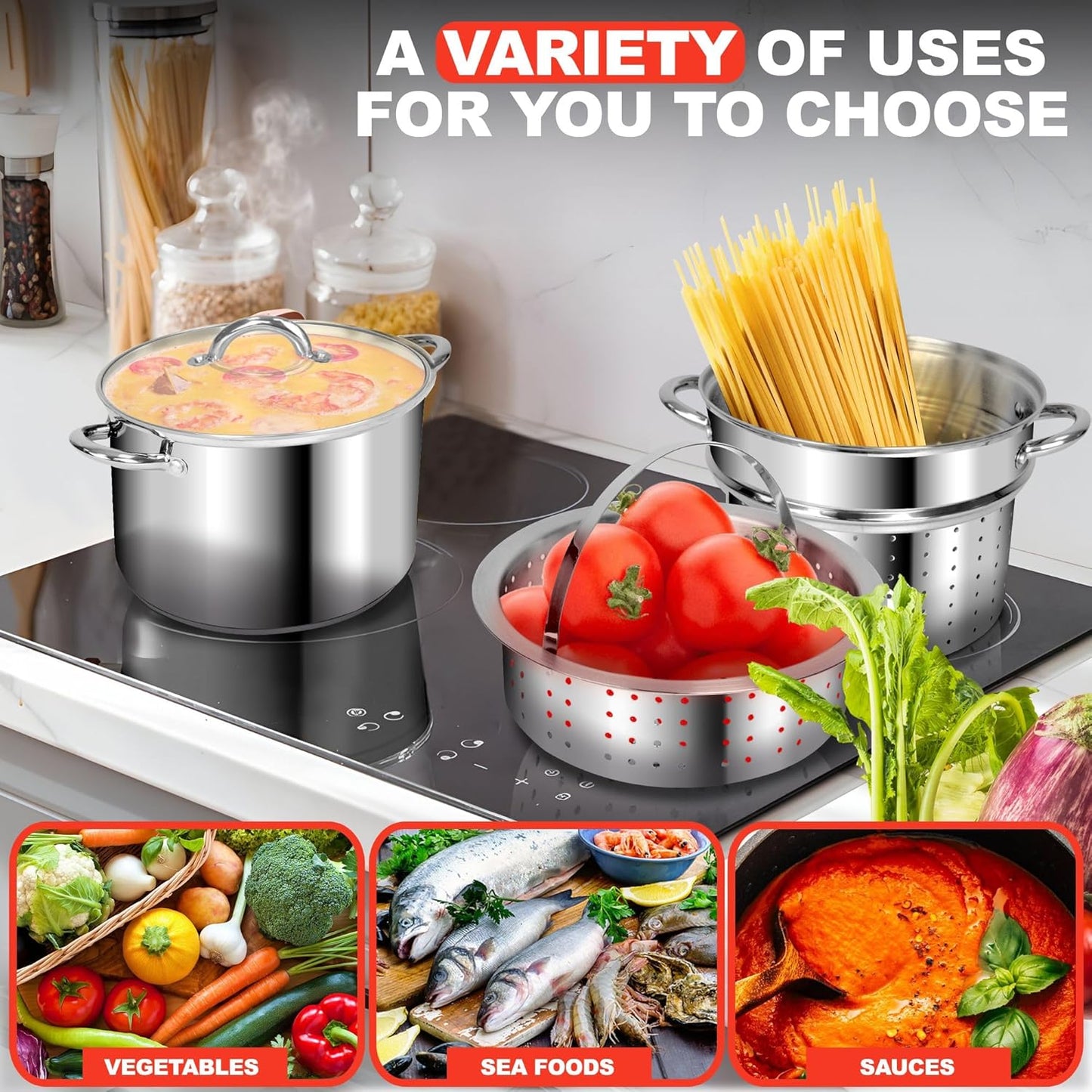 Stainless Steel 8-Quart Nonstick 4-Piece Multi-Cooker with Steamer and Pasta Pot Cookware Set