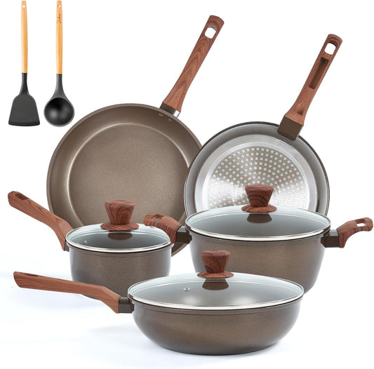 10 Pcs Pots and Pans Set Non Stick, Kitchen Cookware Sets with Frying Pans, Saucepans, Steamer Compatible with All Stoves Restaurant,Black