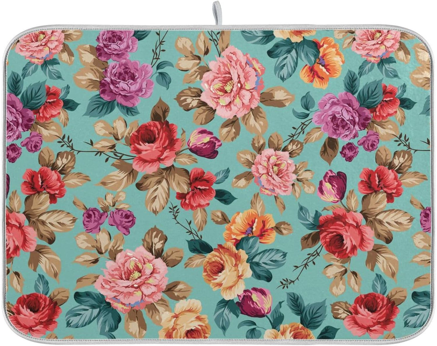 Colorful Flower Leaves Dish Drying Mat for Kitchen Counter Absorbent Microfiber Drying Pad, Large 18x24 in, Reversible Drainer Mats