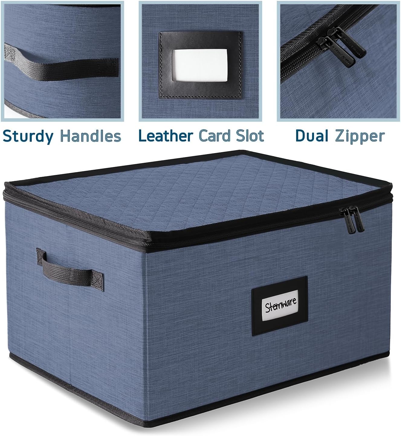 Wine Glass Storage Box with Dividers, 2 Pack Stackable Stemware Storage Cases, Service of 24 Glassware Storage Containers, Quilted China Storage Containers for Moving and Seasonal Storage, Blue