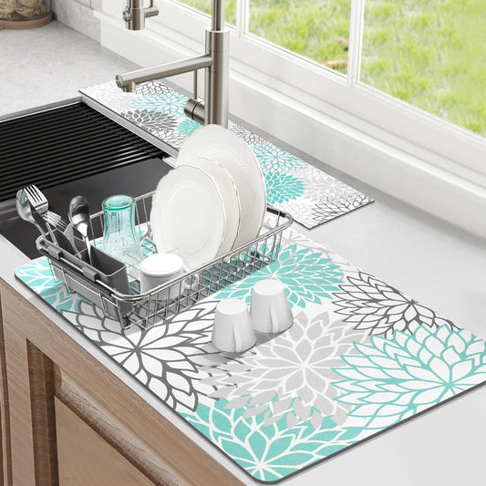 Findosom 2PCS 16" x 24" Dish Drying Mat & 24" x 5.5" Sink Splash Guard, Super Absorbent & Cuttable Dish Mat Drying Kitchen Mat with Teal Floral, Hide Stain Drying Mat for Kitchen Counter