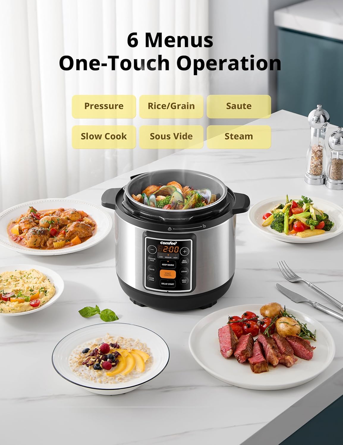 COMFEE’ 7-in-1 Small Electric Pressure Cooker, Slow Cooker, Steamer, Sauté, Sous Vide, Warmer, Multi Cooker with Natural Ceramic Coated Non-Stick Pot, 3 Quarts