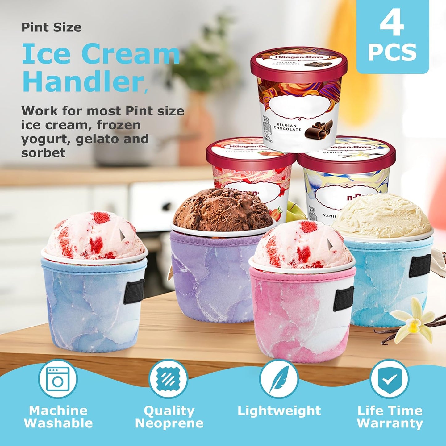 4 Pack Pint Size Ice Cream Sleeves Cozy Neoprene Cover with Spoon Holder Reusable Insulators Cream Sleeves (4 Pack B)