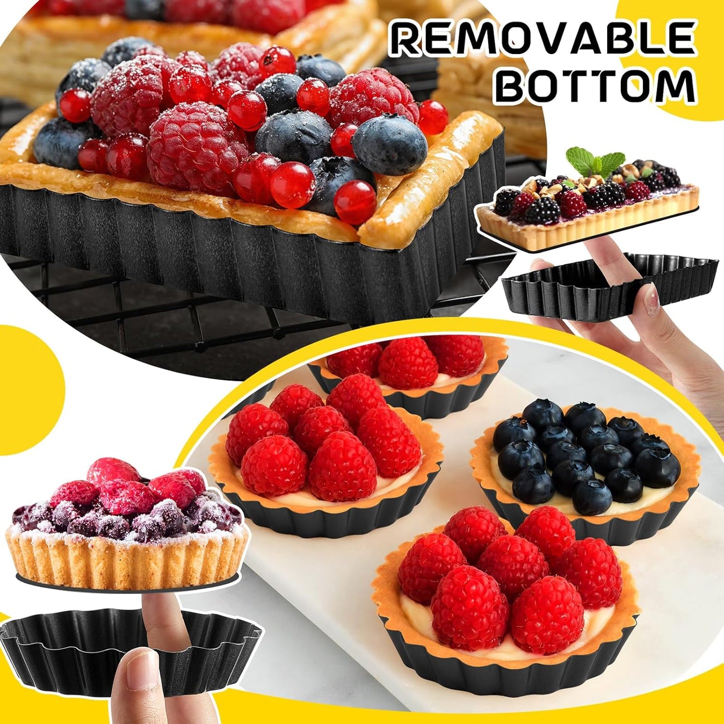 Tessco 16 Pieces Mini Tart Pans with Removable Bottom Nonstick Quiche Mini Pie Tart Pans Bakeware Mold Fluted Side for Pies(Black Round and Rectangle,4 Inch and 4.33 x 2.36 x 0.79 Inch)
