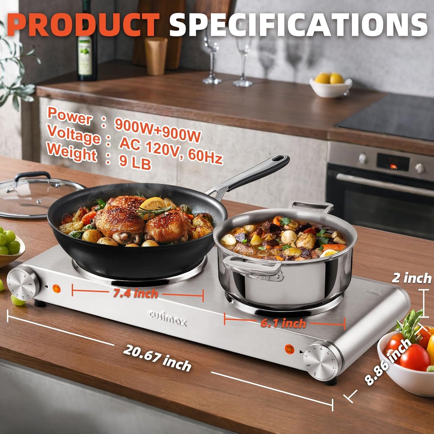 CUSIMAX Double Burner, Electric Hot Plates for Cooking, 1800W Double Hot Plate, Portable Electric Stove, Countertop Burners with Cast Iron Heating Plates, Works with All Cookwares, Upgraded Version