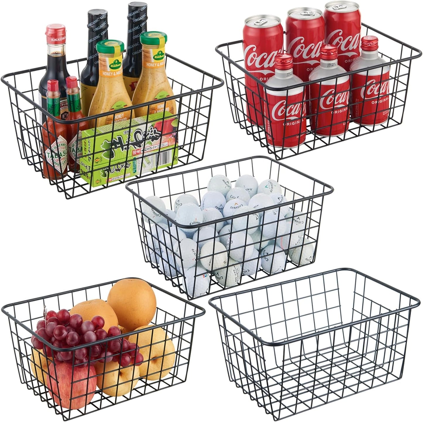 Wire Kitchen Storage Basket 5 Packs,Perfect Pantry Organization Accessories Basket,Laundry,Countertop Organization,Suitable for Kitchen,Bathroom,Bedroom,Tabletop,Stackable,Black