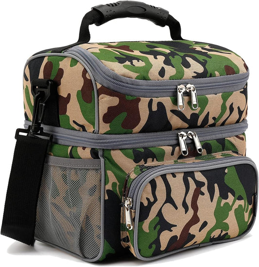 FlowFly Double Layer Cooler Insulated Lunch Bag Adult Lunch Box Large Tote Bag for Men, Women, With Adjustable Strap,Front Pocket and Dual Large Mesh Side Pockets