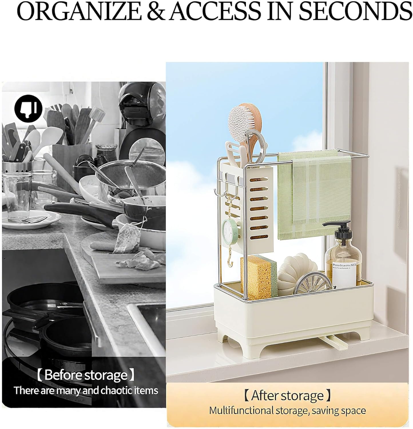 MOUKABAL Sponge Holder for Kitchen Sink, 2-Tier Sink Caddy Organizer with Drain Holes and Hooks, Holds Dishcloth, Sponge & Brushes, Kitchen Countertop Storage for New Home Essentials White