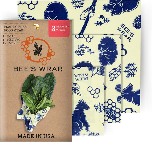 Bee's Wrap Beeswax Wraps for Food - Bees + Bears 3 Pack (S, M, L) Made in USA Reusable & Organic Food Wraps, Sandwich Wrap & Bowl Covers - Eco-Friendly Alternative to Aluminum Foil & Plastic Wrap