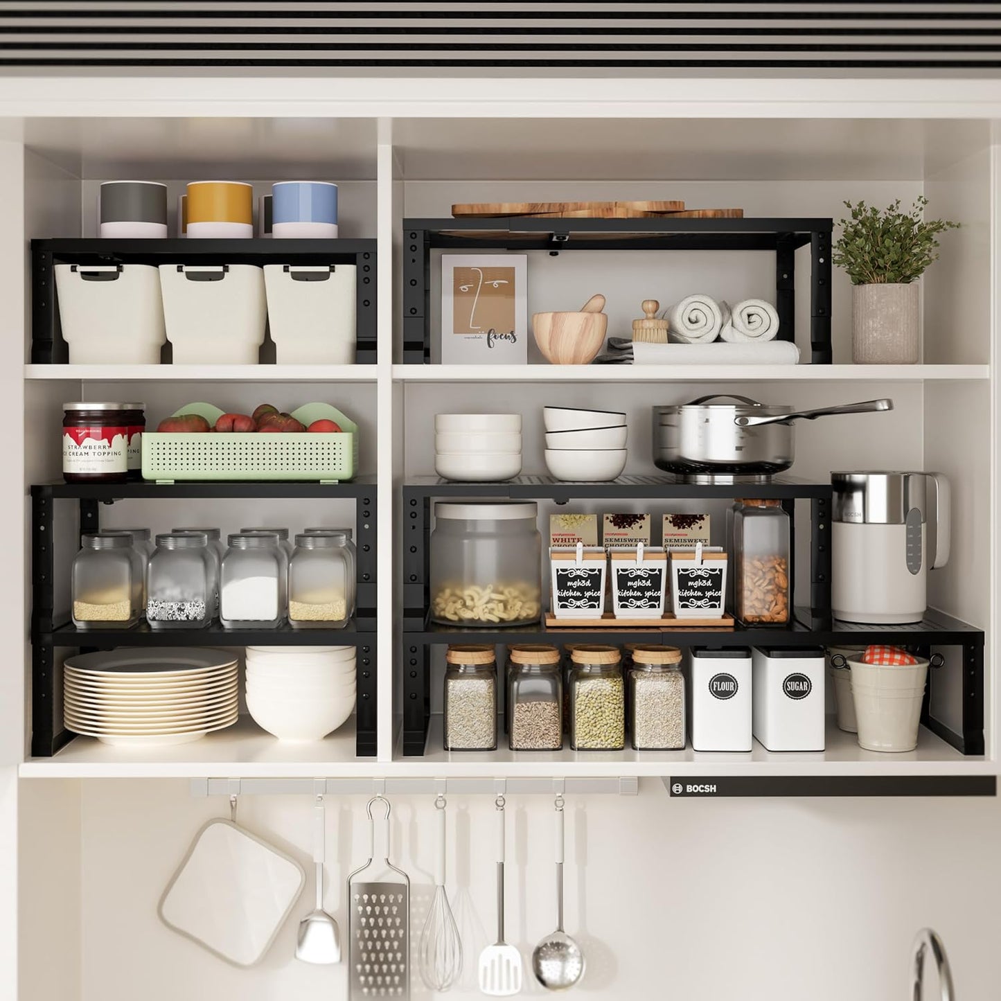 Expandable Spice Rack & Kitchen Cabinet Organizer - Stackable, Adjustable Shelves for Cabinets, Countertops, Cupboards & Pantries(2 Packs/Large/Black)