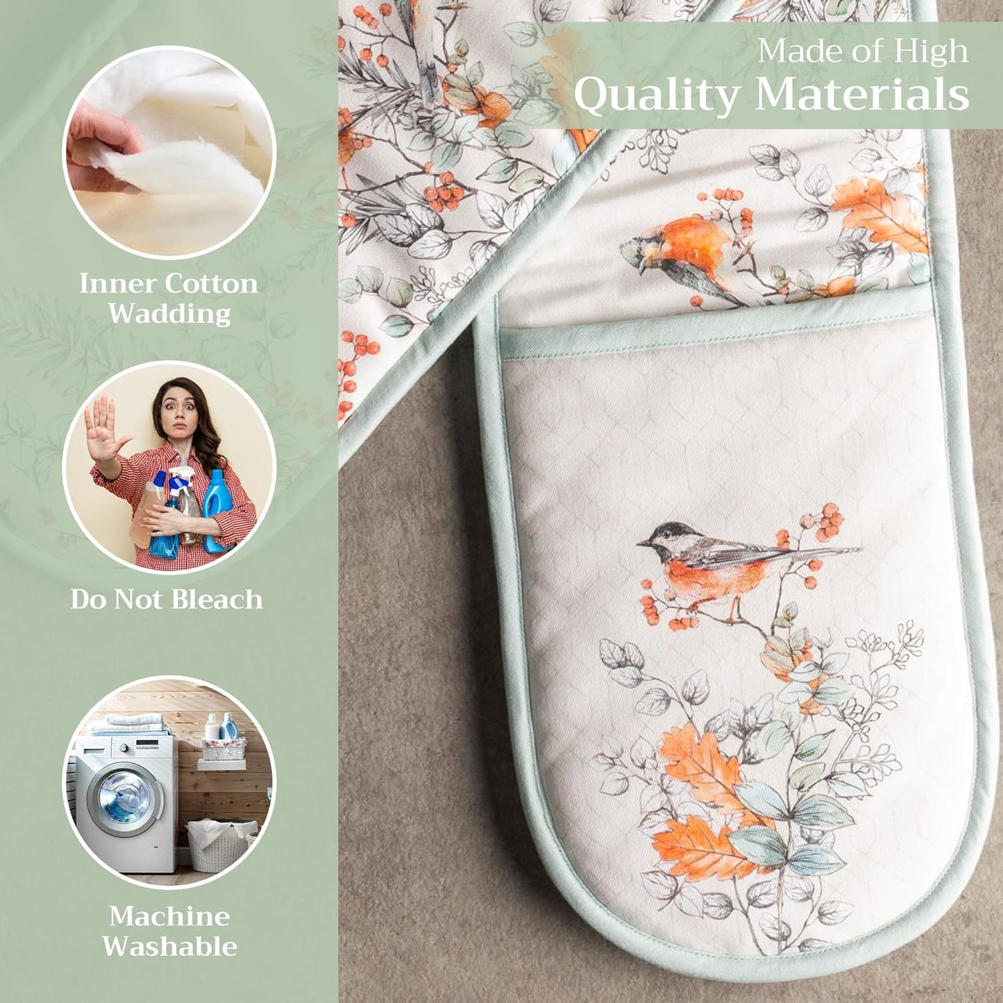 Maison d' Hermine Double Oven Mitt 100% Cotton Heat Resistant Cooking Gloves with Loop, Baking Barbeque, Handling Hot Pan, Whitish Shabby Chique - Thanksgiving/Christmas (7 Inch x 35 Inch)