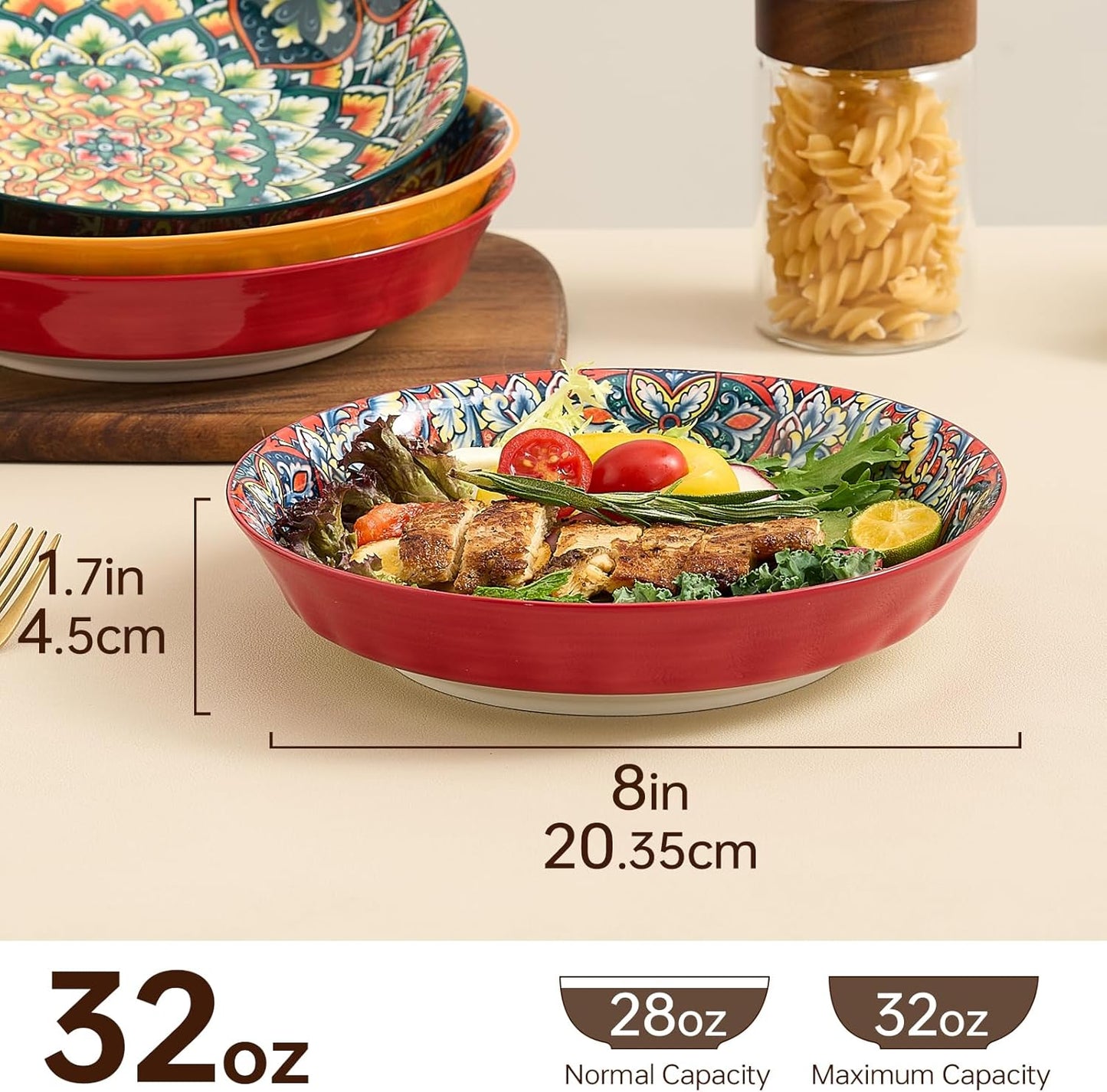 Ceramic Pasta Bowls Set - 8 inch 32 oz Serving Bowls, Set of 6, Colorful Dinner Bowls for Soup,Salad, and Pasta, Kitchen, Microwave, Dishwasher Safe, mexican, Bohemian Style