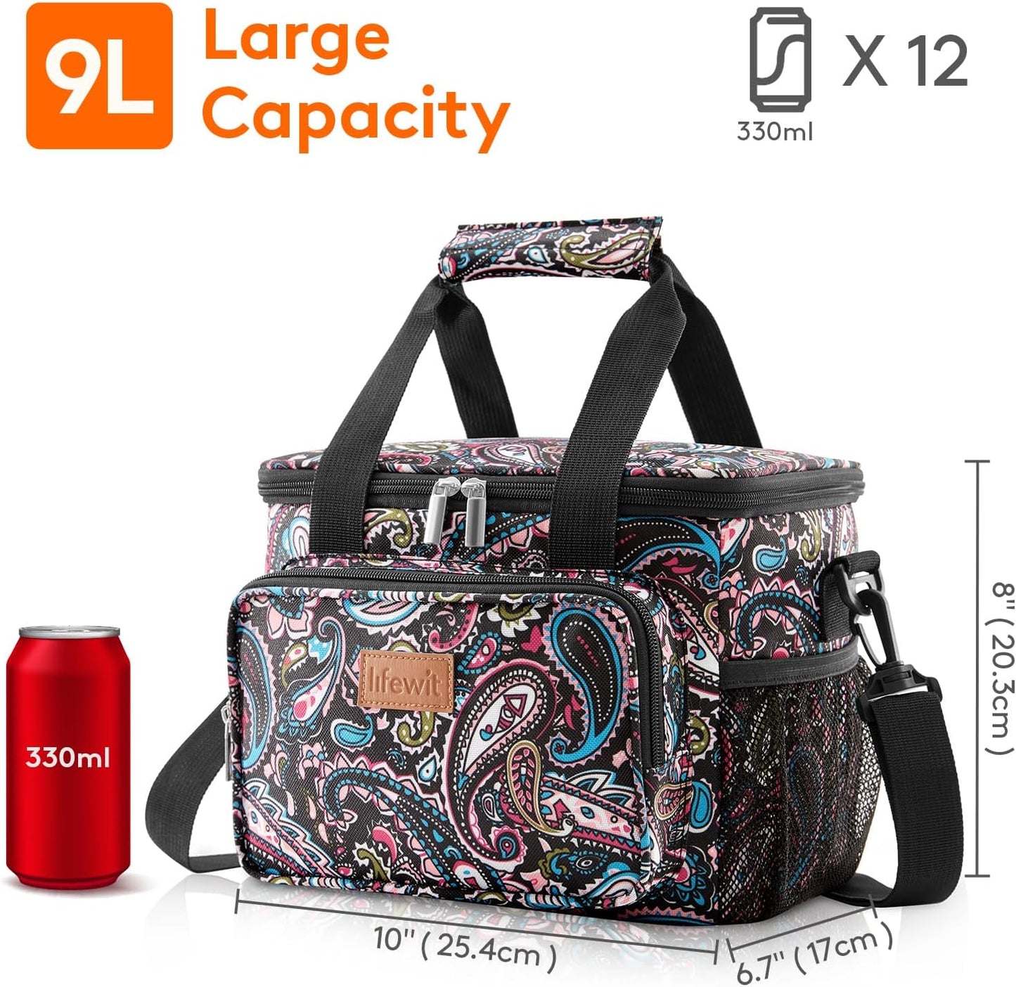 Lifewit Medium Lunch Bag Insulated Lunch Box Soft Cooler Cooling Tote for Adult Men Women, Paisley 12-Can (9L)