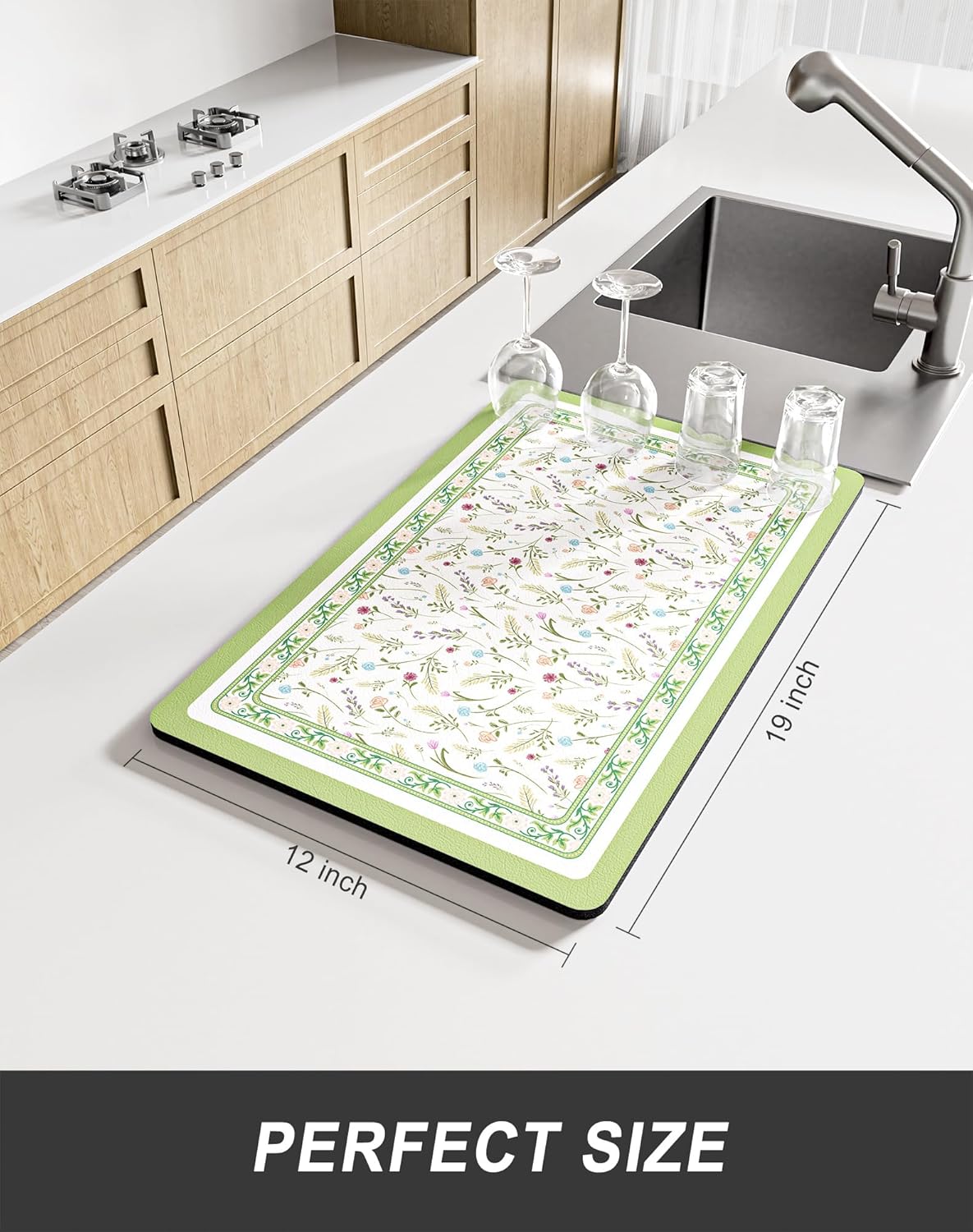 Rnivvi Dish Drying Mat for Kitchen Counter, 12 x 19" Cute Flower Theme Super Absorbent Draining Pad, Non-Slip Heat Resistant Coffee Bar Mat for Coffee Machine Station Accessories, Green Dish Rack Pad