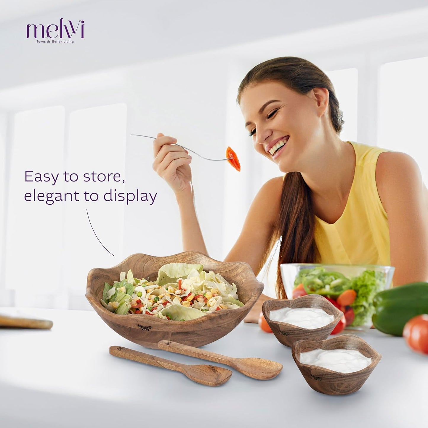 Melvvi Large Wooden Salad Bowl Set with 2 Small Bowls and 2 Serving Utensils | 12" & 6" Acacia Wood Bowls for Food | Great Gift for Kitchen & Dining (Natural Set of 5) (Natural Set of 5)