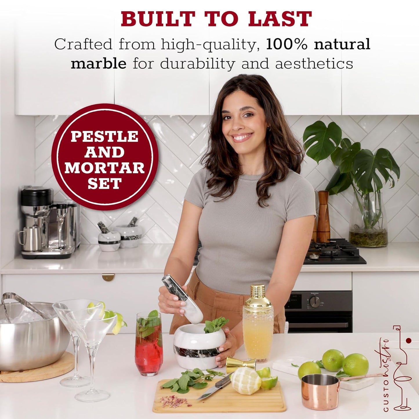 Gusto Nostro Natural Marble Mortar and Pestle Set | 5 Inch - 2.5 Cup Large Mortar Pestle Set for Grinding Herbs, Nuts, Grains | Pesto Grinding and Guacamole Stone Bowl | Marble Spice Crusher