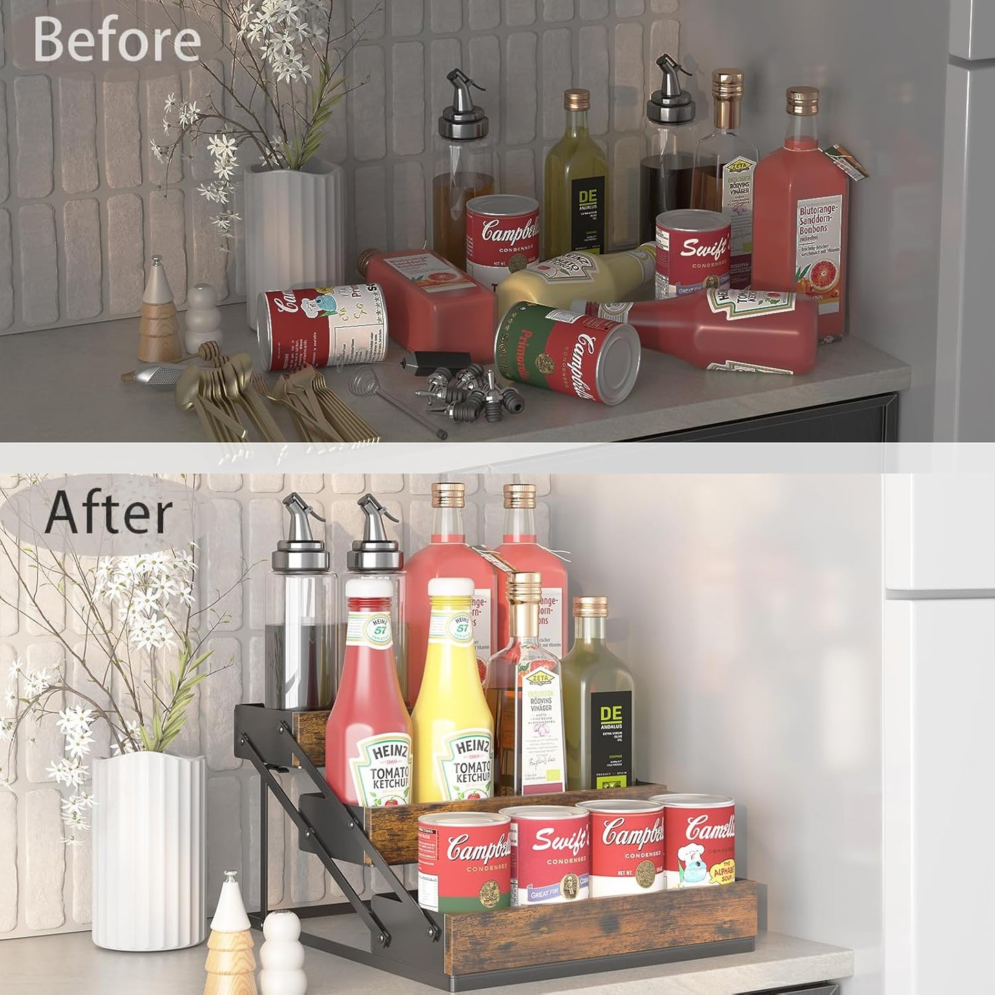 3 Tier Spice Rack Organizer for Cabinet, Foldable Spice Rack for Countertop, Cabinet Drawers Rustic Wooden Seasoning Spice storage for Kitchen Station, Pantry, Home - 1PC