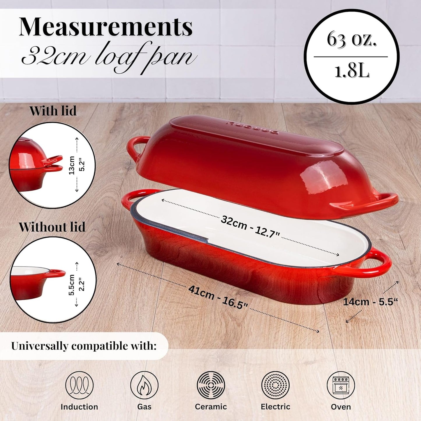 Enamelled Cast Iron Bread Loaf Pot – Dutch Oven For Sourdough Bread Baking – Oven Safe Non Stick Bread Pot – Rectangular, Red, 34cm x 16cm – by Nuovva