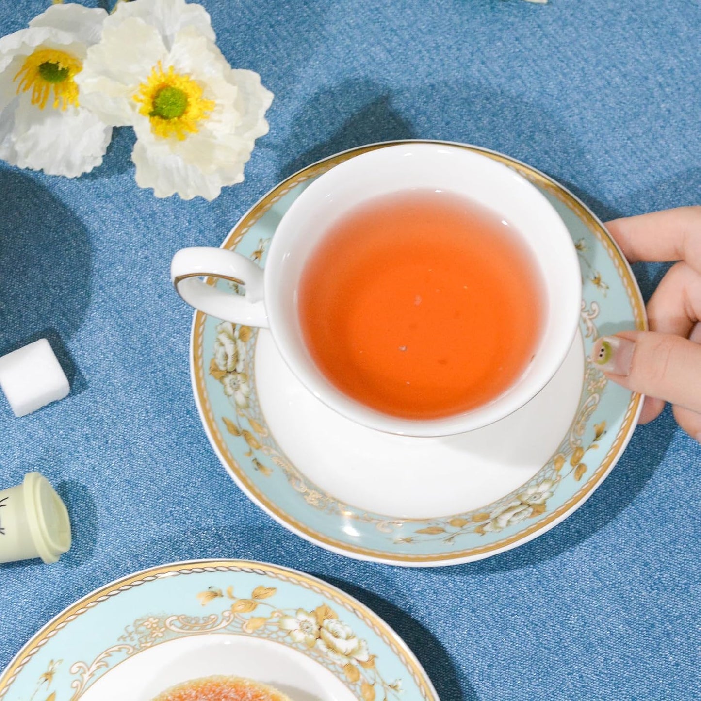 Bone China Tea Set, 21-Pieces Porcelain Tea Set for Adults, Tea Cups And Saucers for 6, with Teapot, Spoons, Sugar Bowl, Creamer Pitcher, Vintage Tea Set for Women Tea Party (Green)