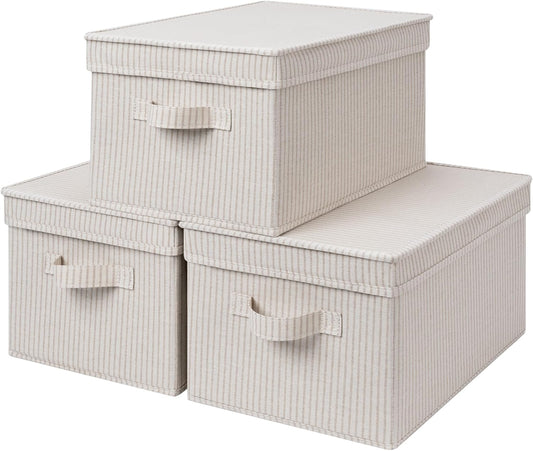 StorageWorks Large Storage Bins with Lids, Decorative Storage Boxes with Lid and Handles, Foldable Storage Baskets for Closet, Shelves, Stackable, Khaki Stripe, 3-Pack