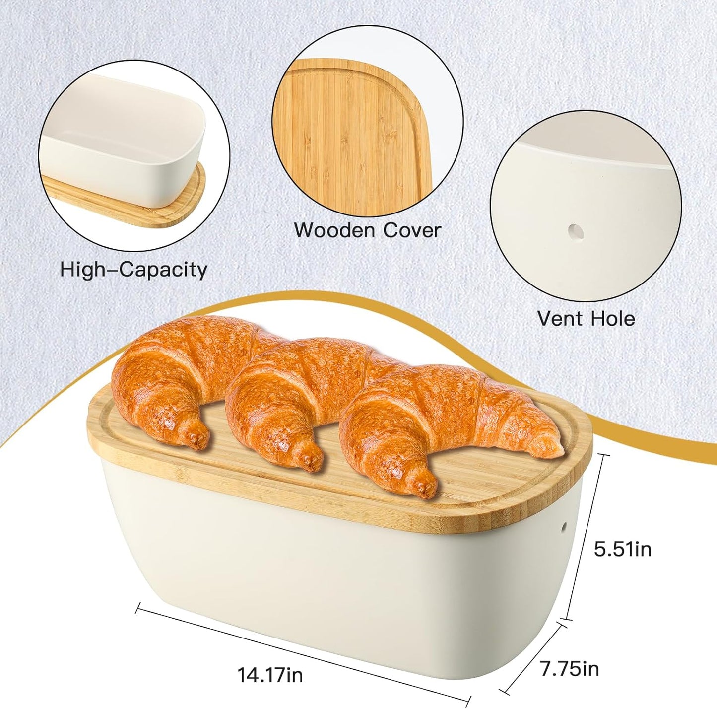 Bread Box for Kitchen Countertop - Bamboo Fiber Bread Bin with Reversible Cutting Board Lid, Juice Groove - Ventilated, Multi-Functional Storage Keeper for Freshness (14.2x7.8x5.5In, White)