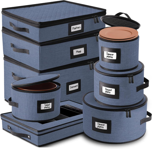 Fine China Storage Containers, 8 Piece Quilted Dish Storage Containers for Flatware & Utensil, Mug, Platter and Wine Glass with Felt Dividers, Durable Dinnerware Dish Organizers for Moving, Blue