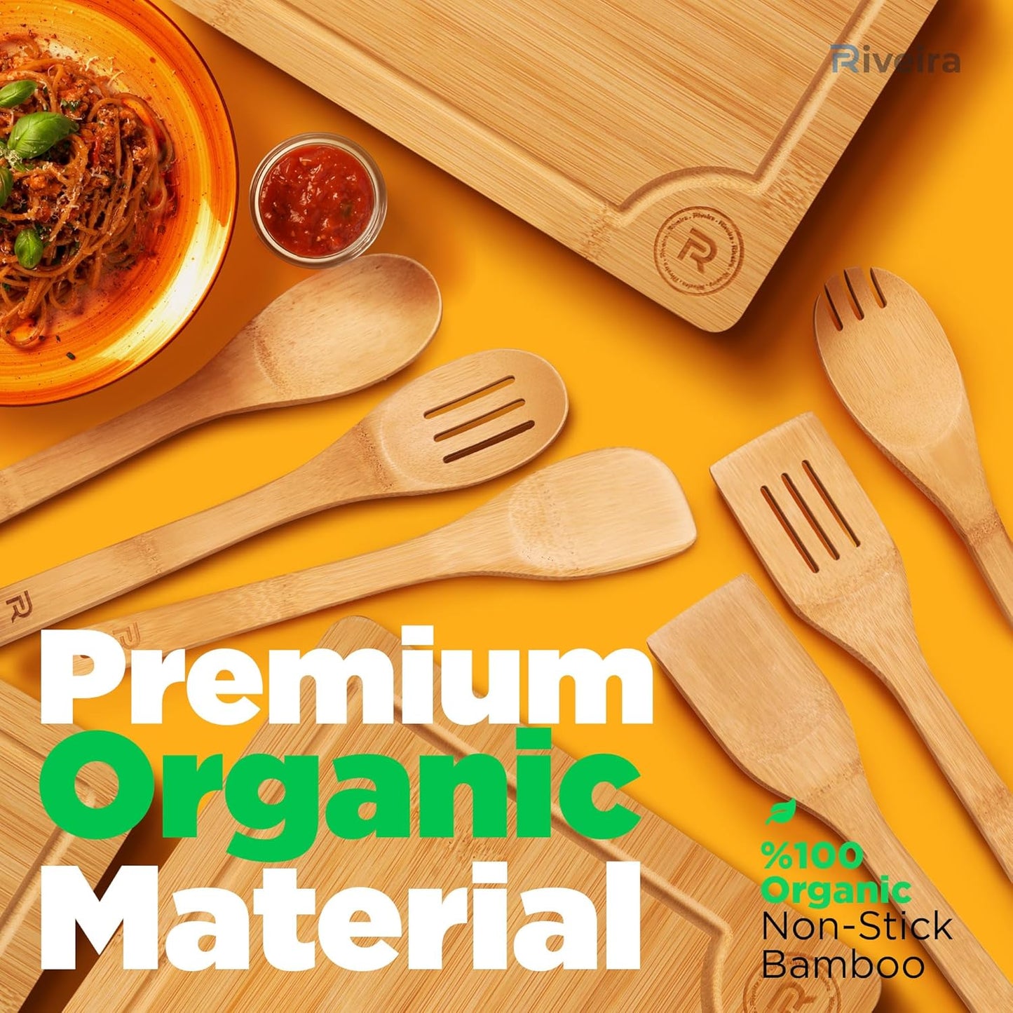 Riveira Bamboo Cutting Boards For Kitchen with Wooden Spoons For Cooking – Set of 3 Pcs Wooden Cutting Board & 6 Bamboo Spoons – Wooden Cutting Boards For Kitchen – Complete Wooden Cooking Utensils