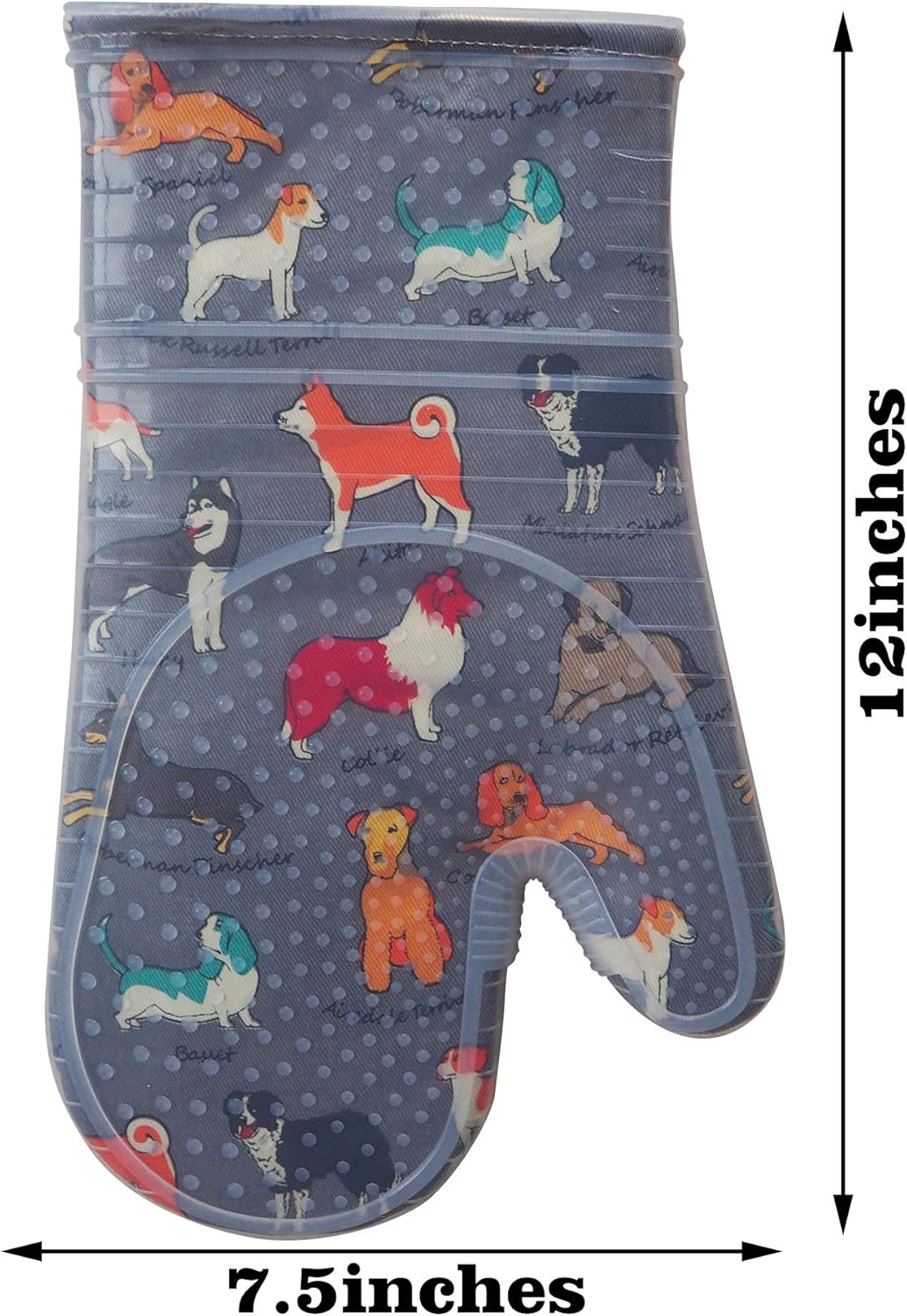 Oven Mitts Set of 2 with Transparent Clear Silicone Shell and Nice Dog Printing Cotton Lining, Heat Resistant to 500 F Kitchen Oven Gloves Pot Holder for Cooking (Gray)